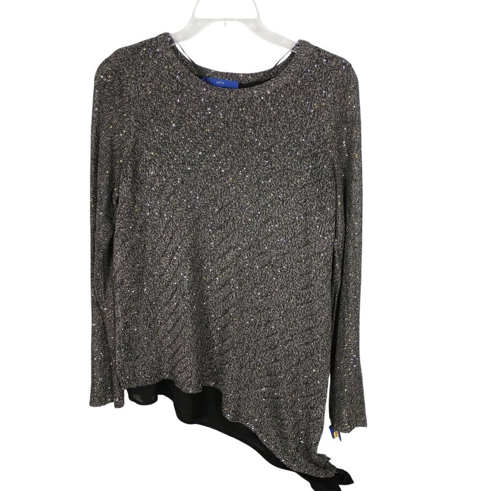 Apt 9 Womens XL Black Marl Sequin Asymmetrical Layered Long Sleeve Top NWT‎